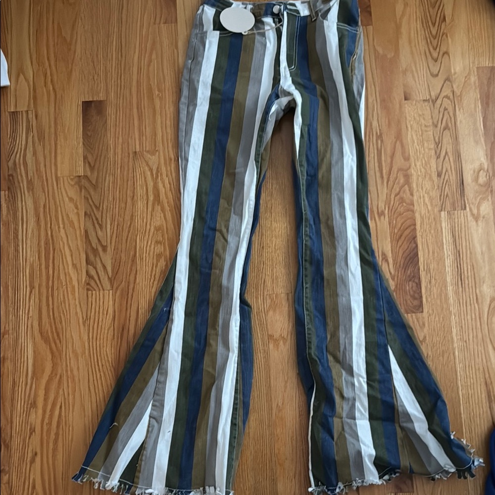 Striped Flare Jeans - Blue, Green, White